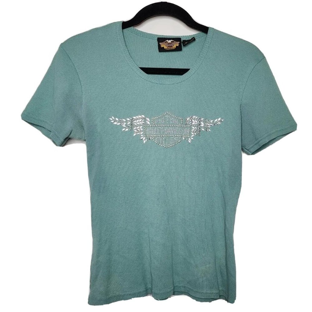 Harley Davidson Winged Logo Shirt Bling Ribbed Cotton Stretch Women's S